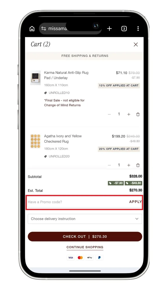 The Miss Amara discount code field, highlighted at checkout on a mobile phone.
