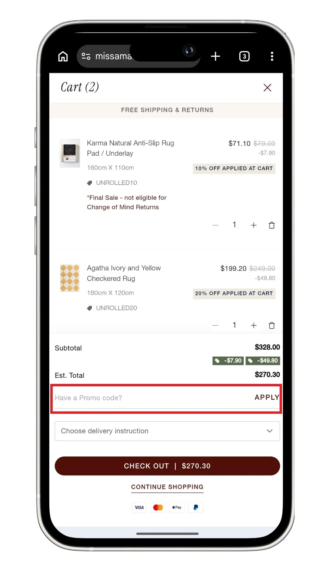 The Miss Amara discount code field, highlighted at checkout on a mobile phone.