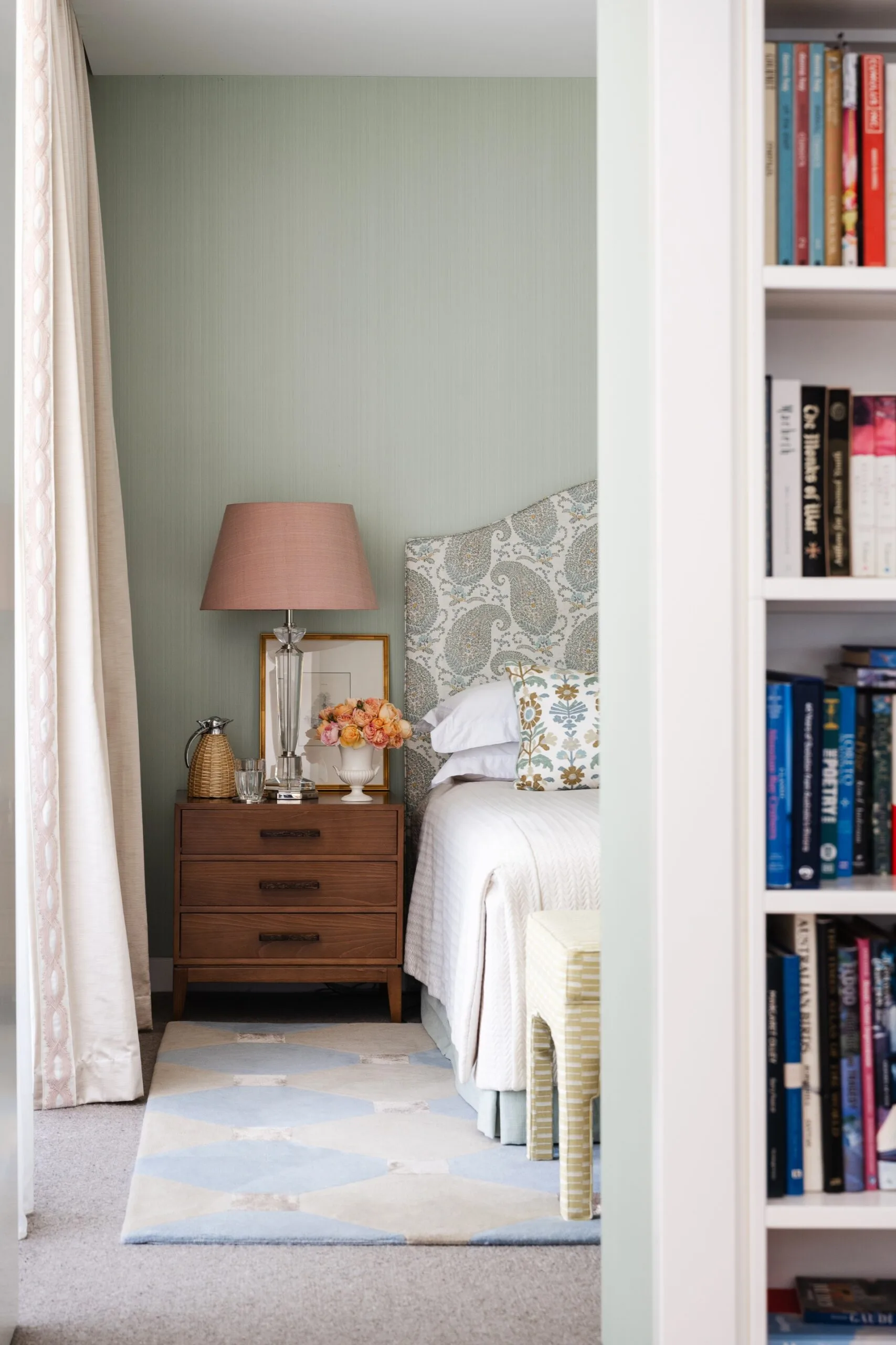 Brisbane penthouse by Oliver Mark Interiors by Hannah Puechmarin main bedroom pink lamp pastel wall rug