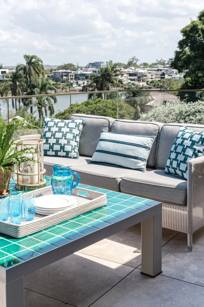 Brisbane penthouse by Oliver Mark Interiors by Hannah Puechmarin alfresco blue balcony
