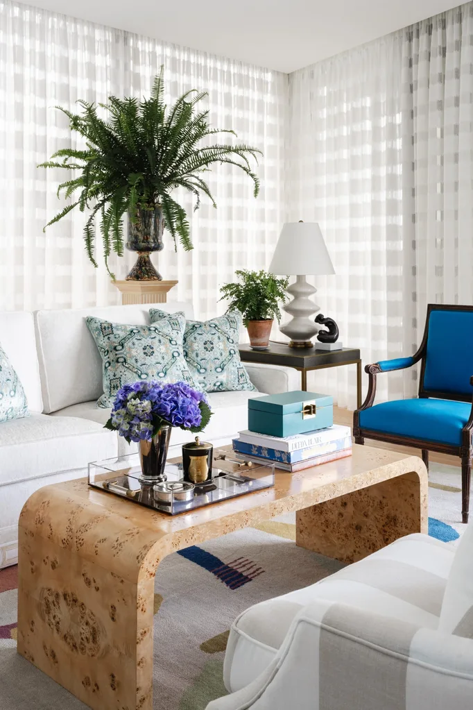 Brisbane penthouse by Oliver Mark Interiors by Hannah Puechmarin blue lounge room white