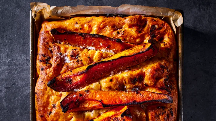 Pumpkin focaccia with smoky chilli oil
