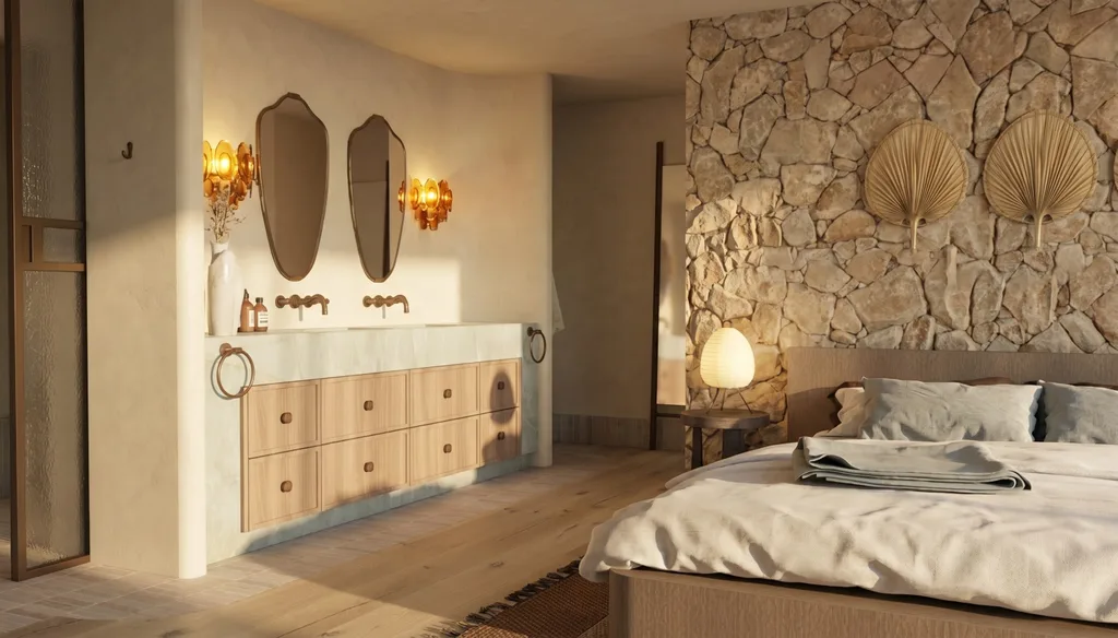 A render of a bedroom and ensuite