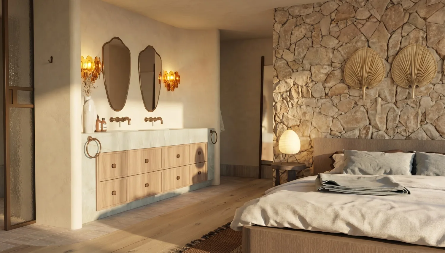 A render of a bedroom and ensuite