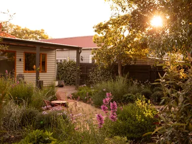 Sunlight softly filteres through a tree, casting the backyard of this cottage in a golden glow. The cottage garden features winding gravel and brick paths, two red outdoor chairs beside wild garden beds overflowing with foliage and colourful flowers.