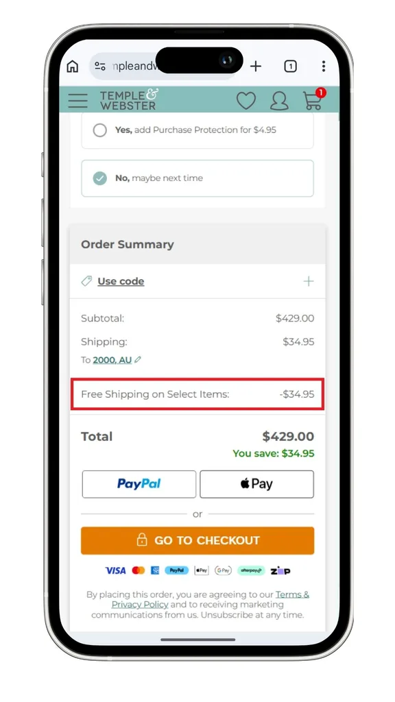 Temple and Webster discount code guide: A screenshot of a free shipping promo at the checkout.