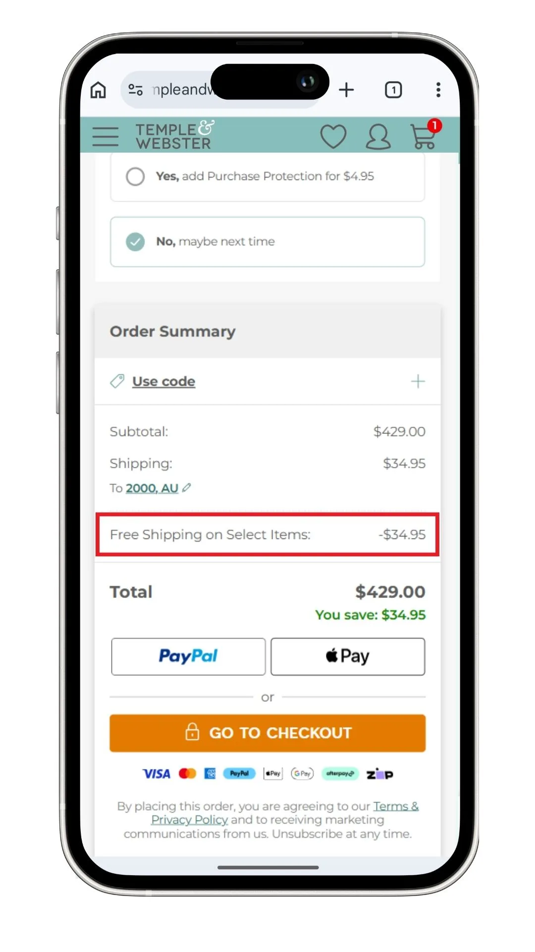 Temple and Webster discount code guide: A screenshot of a free shipping promo at the checkout.