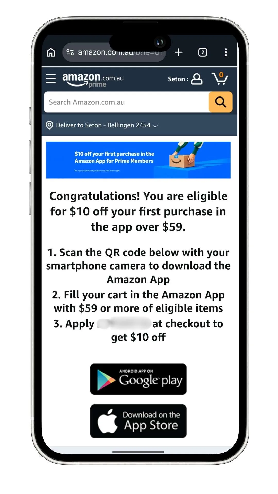 Amazon promo code: a screenshot of the promo code offering $10 off my first purchase in the Amazon AU app