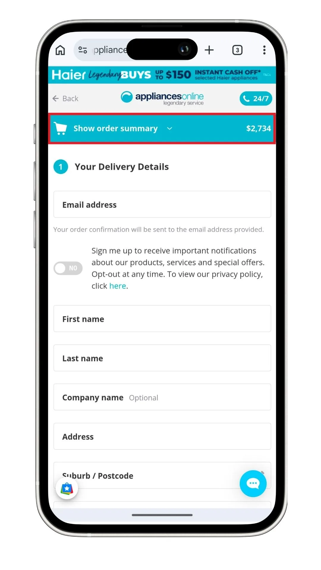 Appliances Online discount code guide: a screenshot of the checkout on mobile, highlighting the 'Show order summary' text that needs to be clicked to reveal the discount code field.