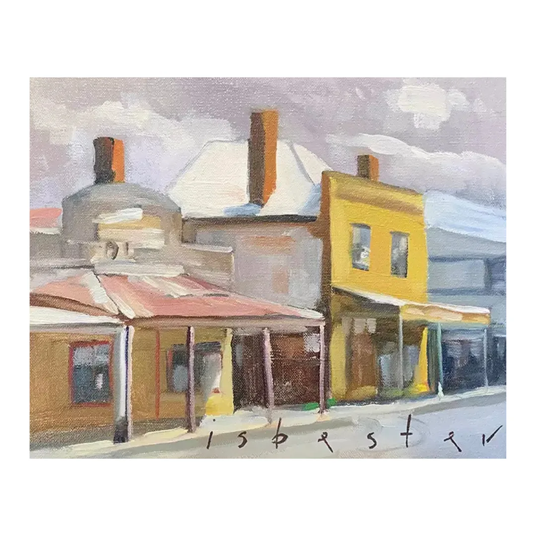 A painting of what looks to be a country town rendered in thick brushstrokes of pink, yellow, and grey by David Isbester