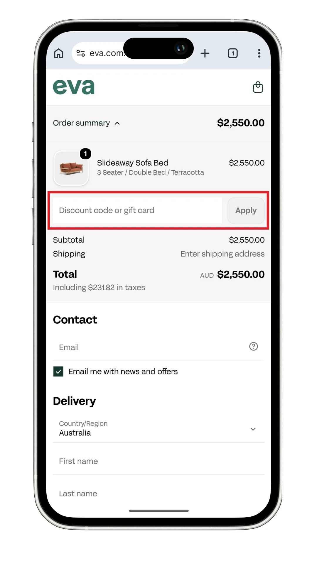 Eva discount code guide: A screenshot highlighting the discount code field at checkout.