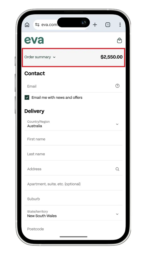 Eva discount code guide: A screenshot of the checkout on mobile, highlighting where to expand the order summary and discount code field.