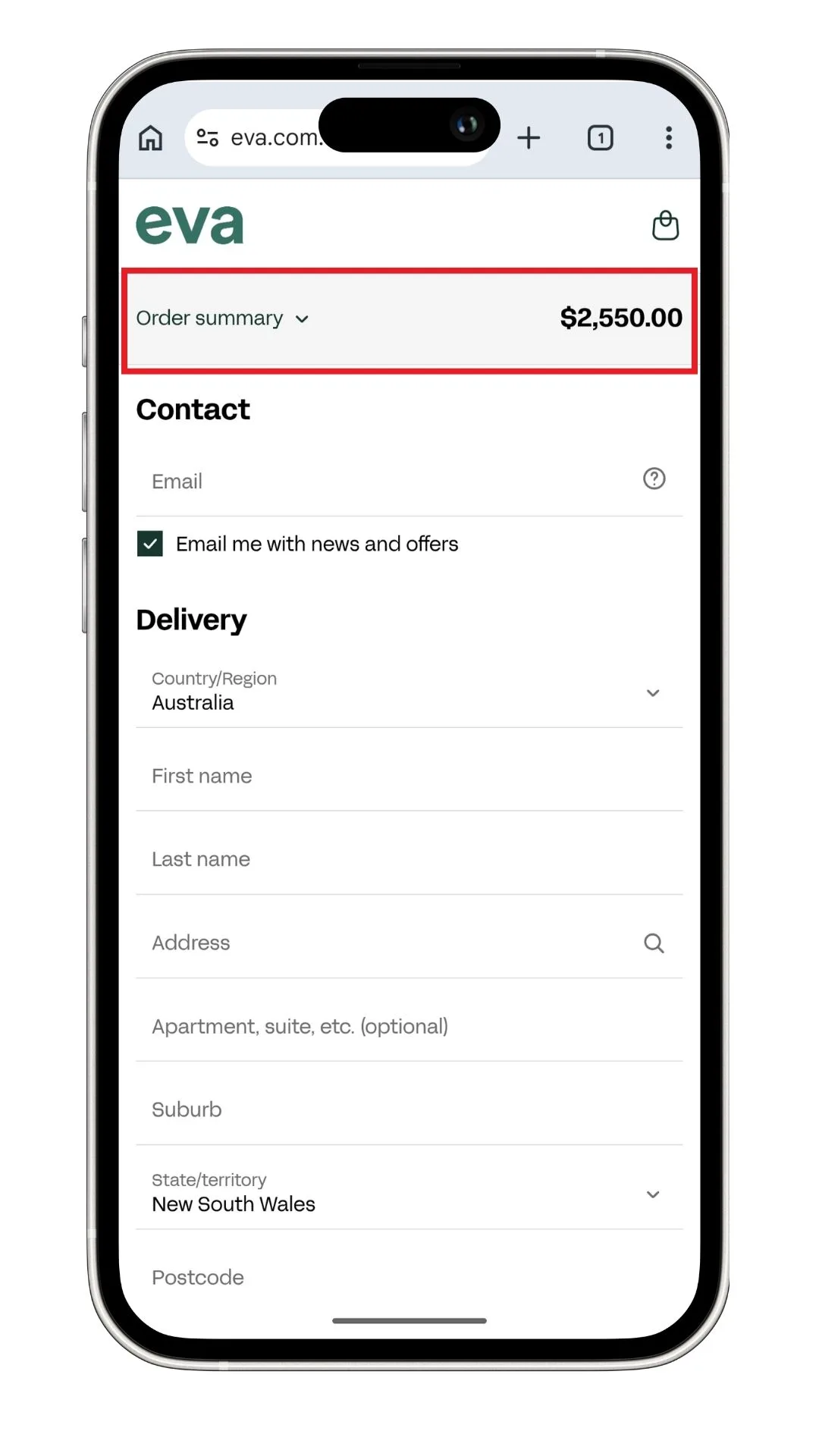 Eva discount code guide: A screenshot of the checkout on mobile, highlighting where to expand the order summary and discount code field.