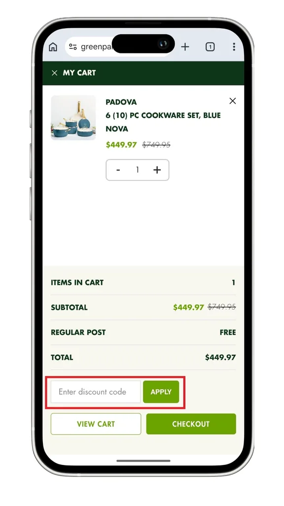 GreenPan discount code: A screenshot of the discount code field before going to the checkout.