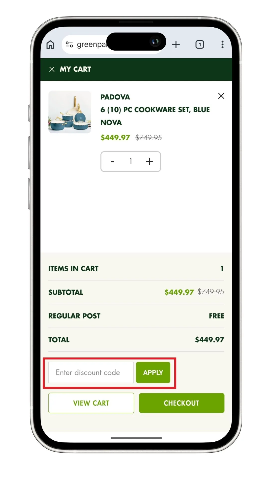GreenPan discount code: A screenshot of the discount code field before going to the checkout.