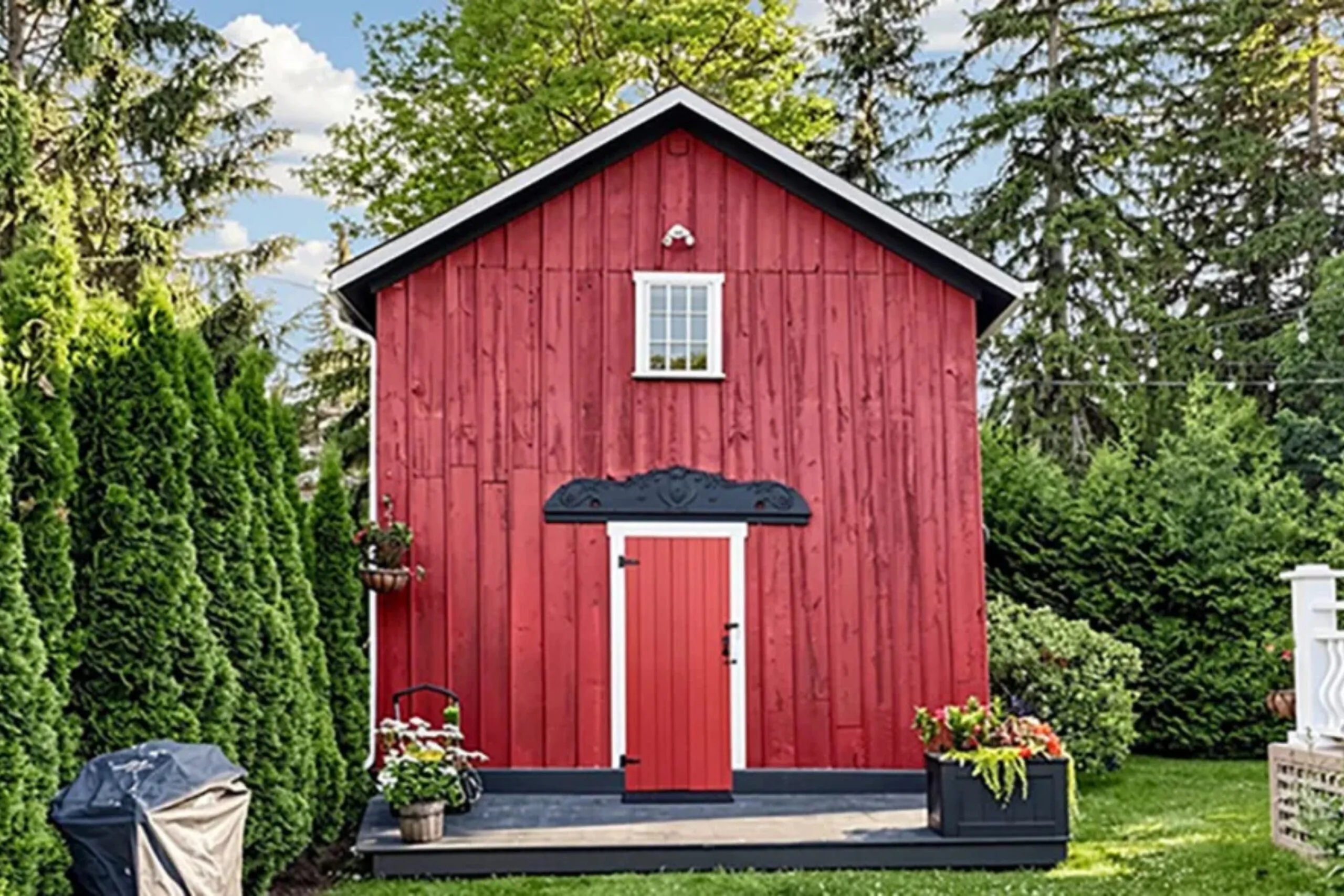 Red heritage outbuilding that once operated as a village bakery, now converted into a guest studio on the original Gilmore Girls property.