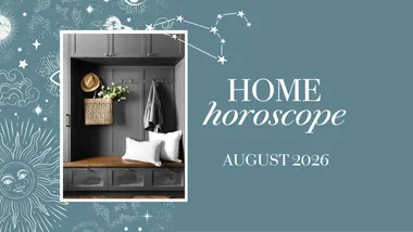 An image of a grey entryway inset a patterned wallpaper of suns and moons and a title card reading Home Horoscopes August 2026