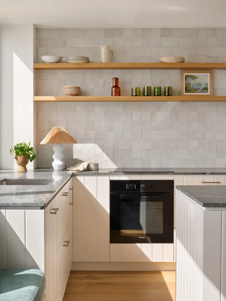 Modern kitchen with white VJ panelled under-bench cabinetry, black built in oven, dark natural stone benchtops, and square tiled splashback that stretches up to the ceiling. Two light timber open shelves have plates, glasses and artwork on them.