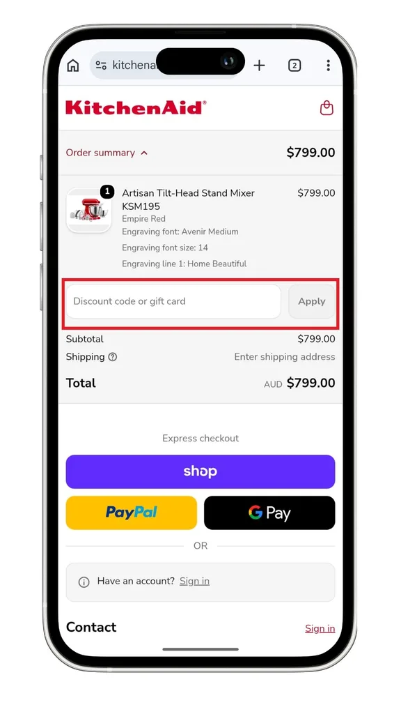 The KitchenAid discount code field at checkout on mobile.