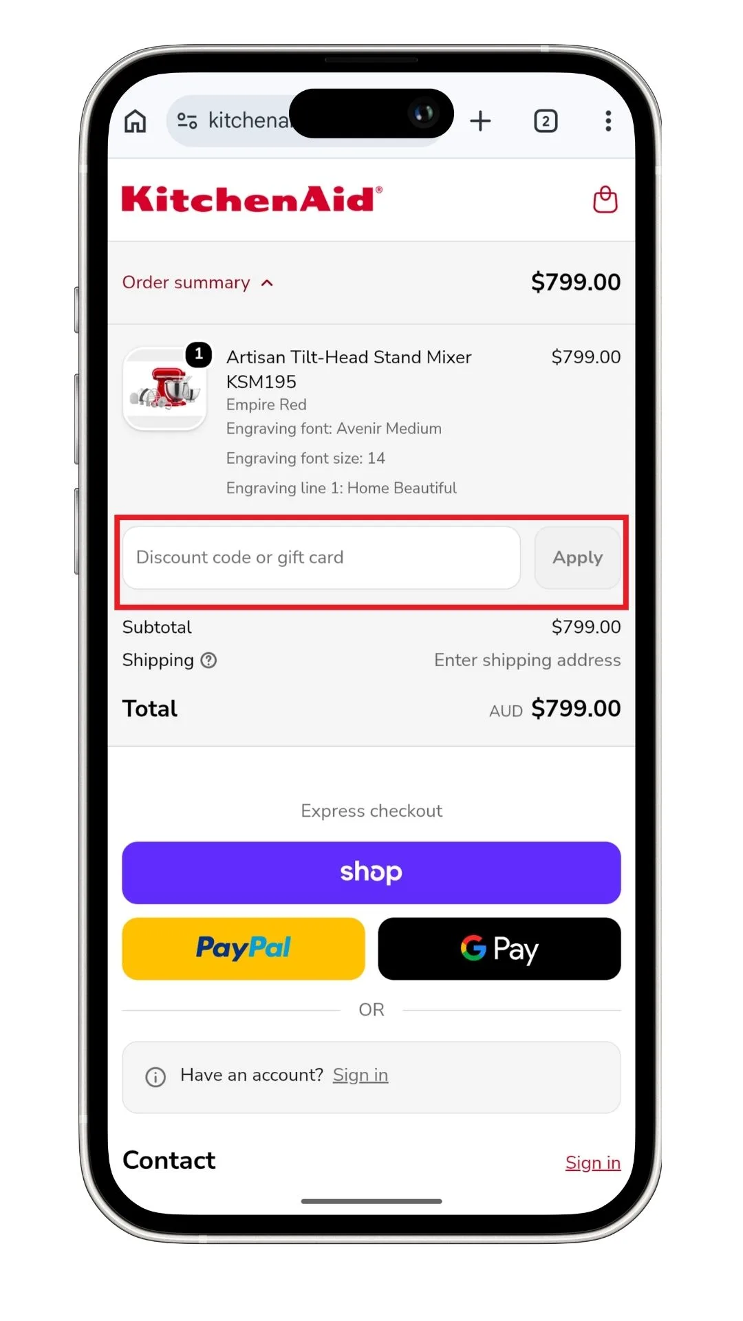The KitchenAid discount code field at checkout on mobile.