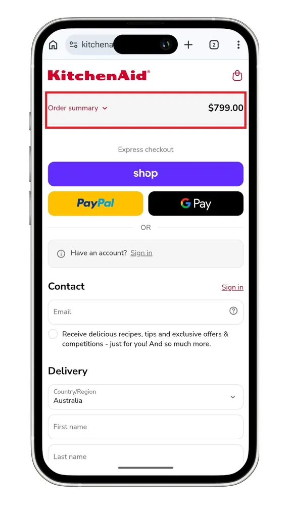 A KitchenAid discount code can be added after expanding the order summary section at checkout on mobile, as highlighted in this screenshot.
