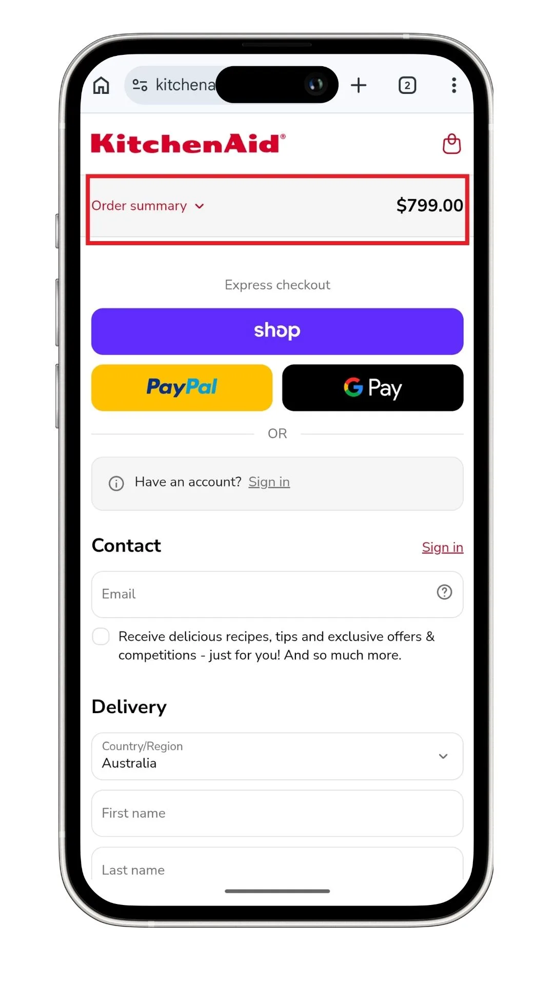 A KitchenAid discount code can be added after expanding the order summary section at checkout on mobile, as highlighted in this screenshot.