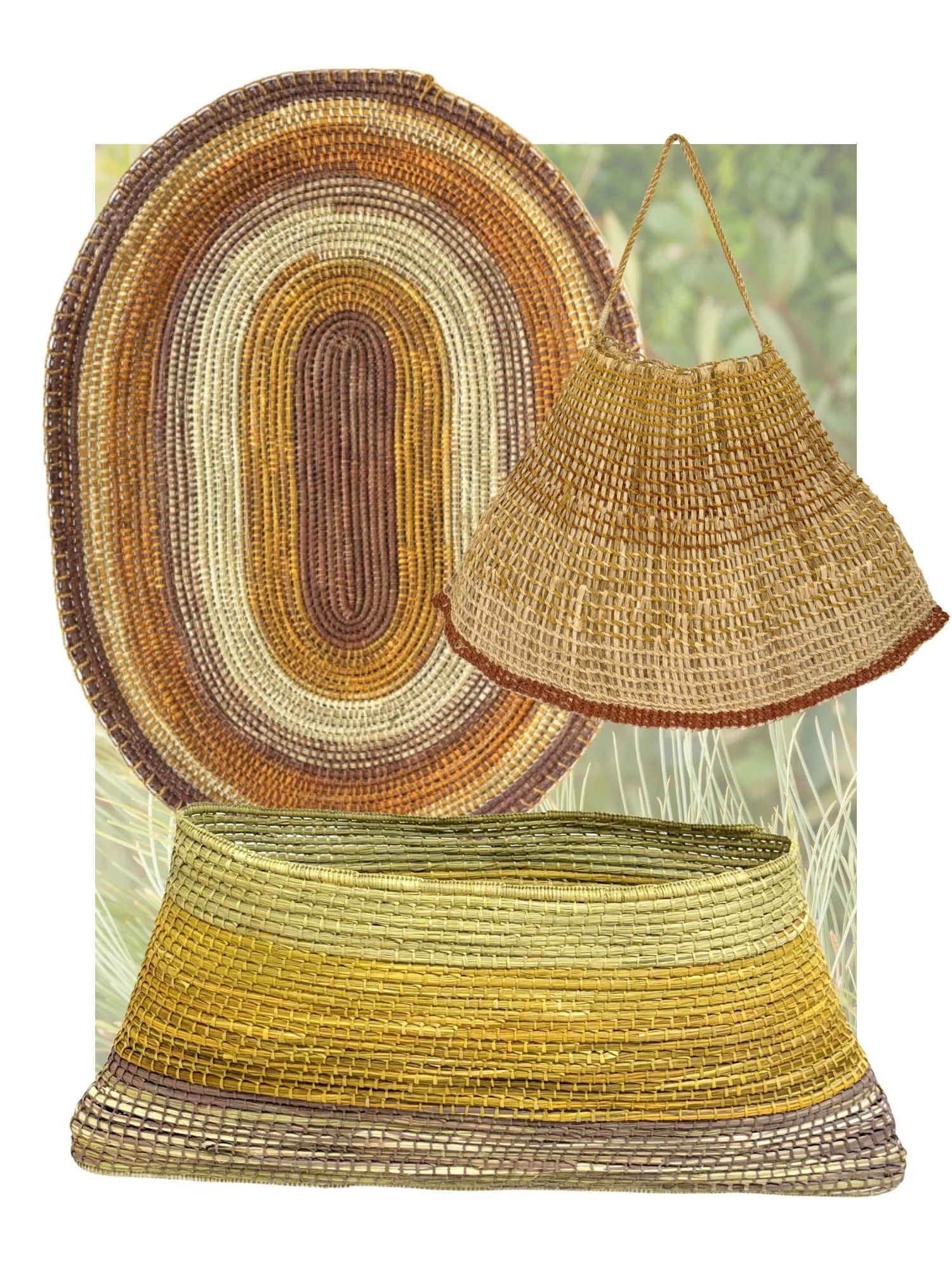 Three handwoven works by Bula'bula arts including a striped placemat wall hanging, basket and bag, all made in Australia