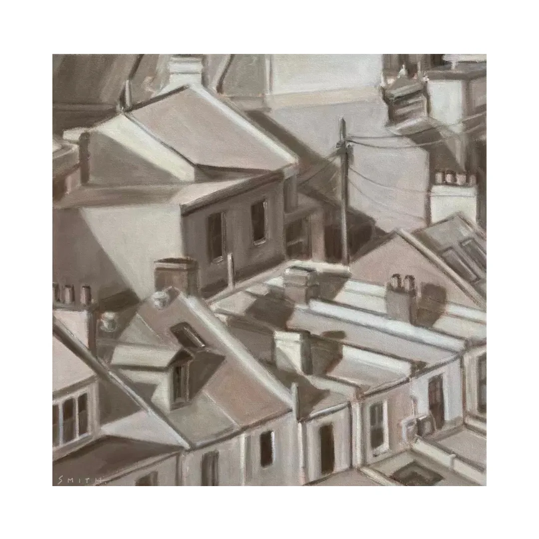 A sepia coloured painting depicting an aerial view of a densely populated Australian suburb, rendered in oil on canvas by Stephen Smith.
