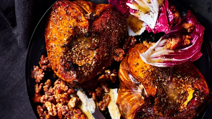 Spiced pumpkin, radicchio, roasted garlic and blue cheese salad