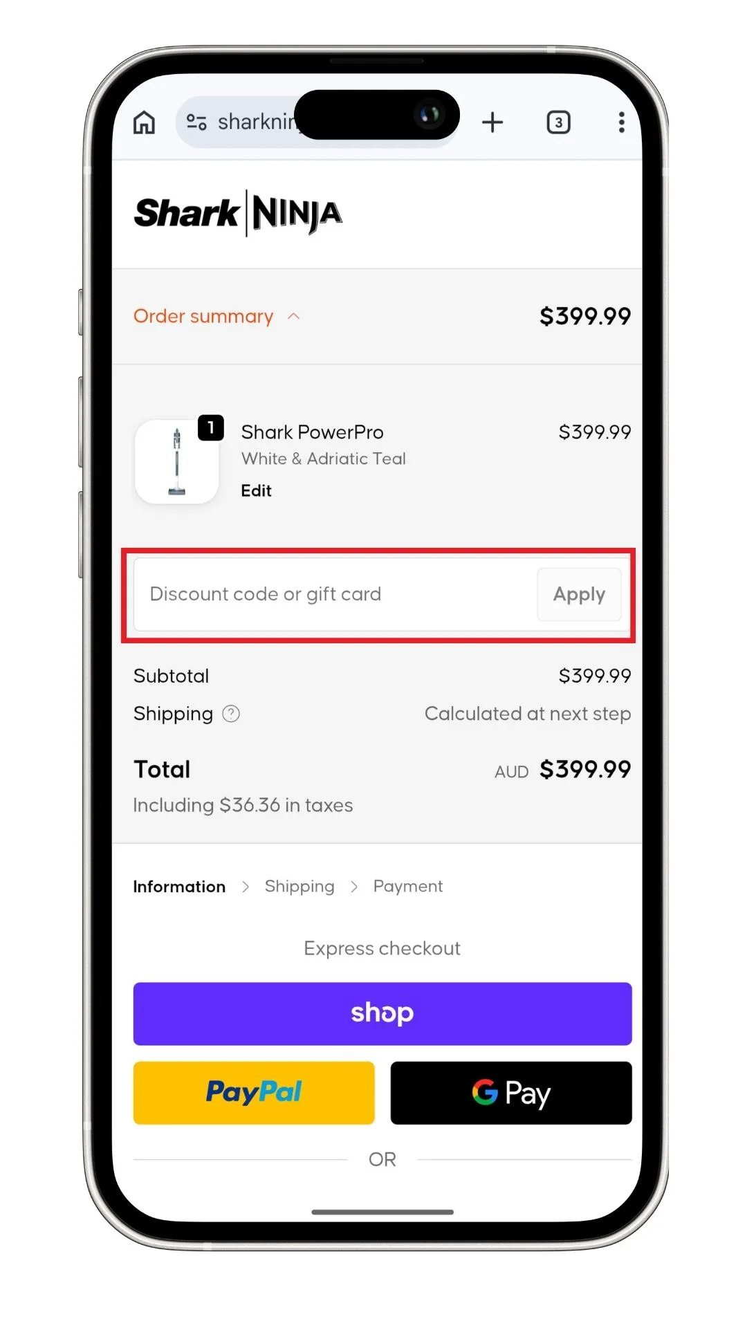 The Shark discount code field at checkout on mobile.