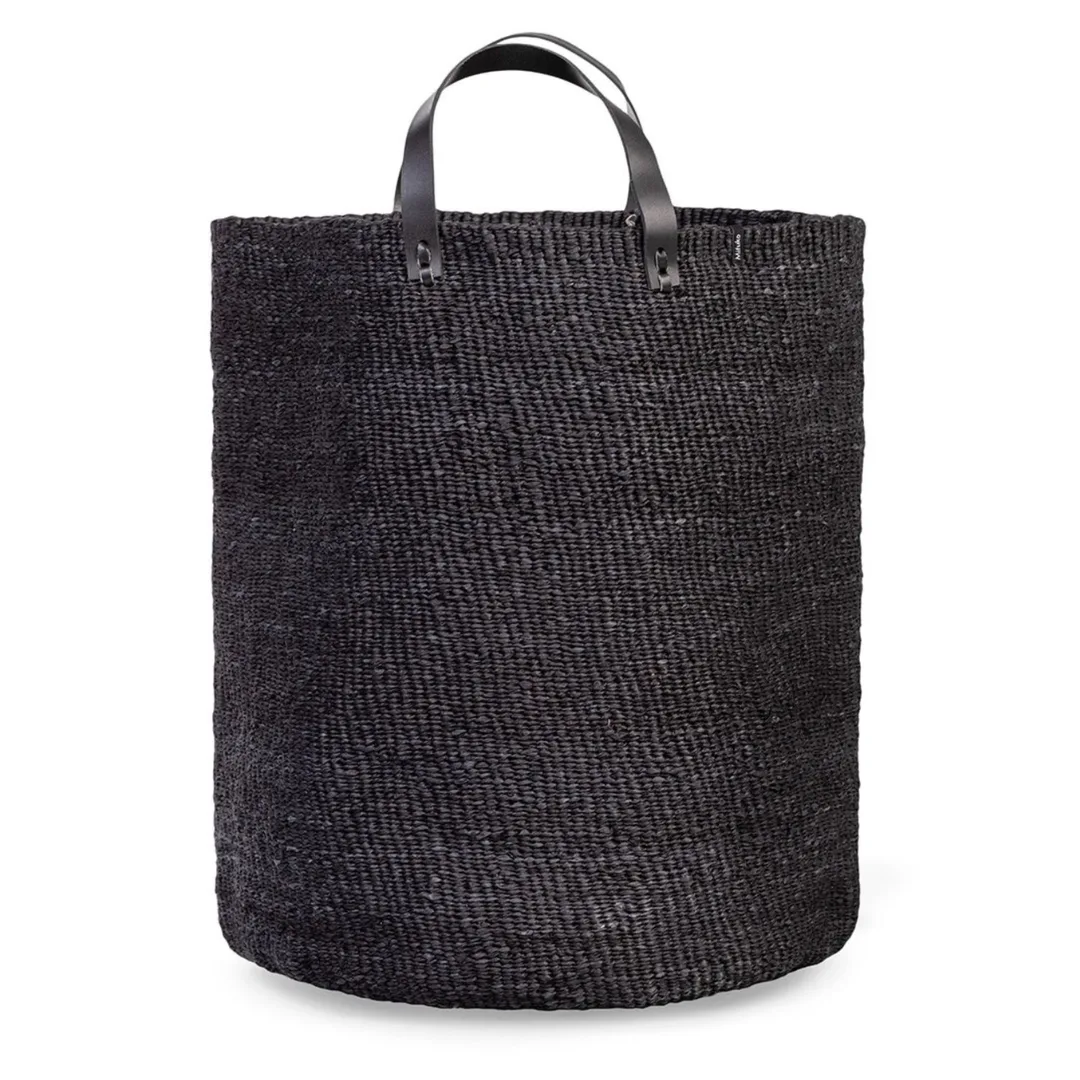 Black sisal woven storage basket with handles