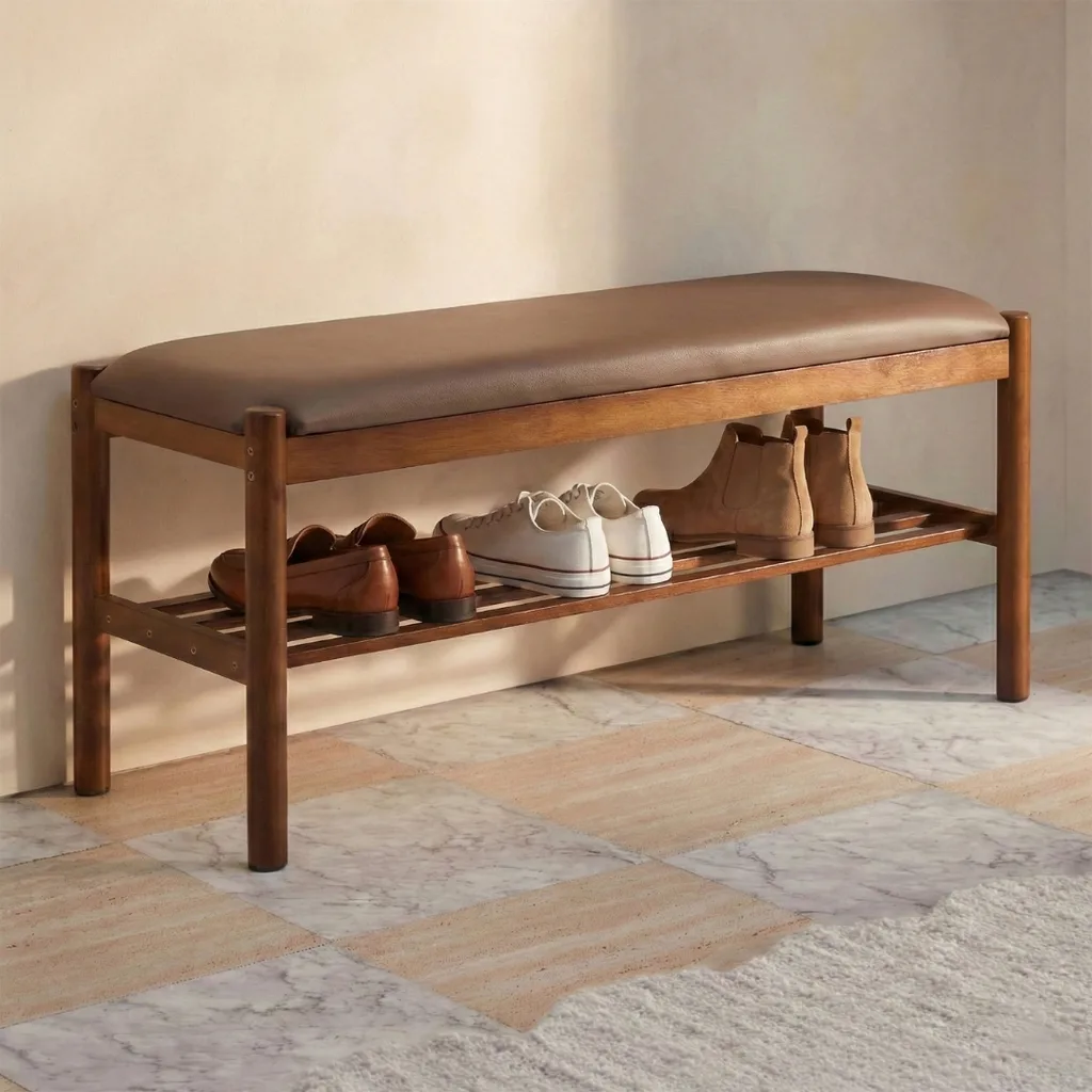 Timber shoe storage bench with brown cushion seat and shelf for shoe storage