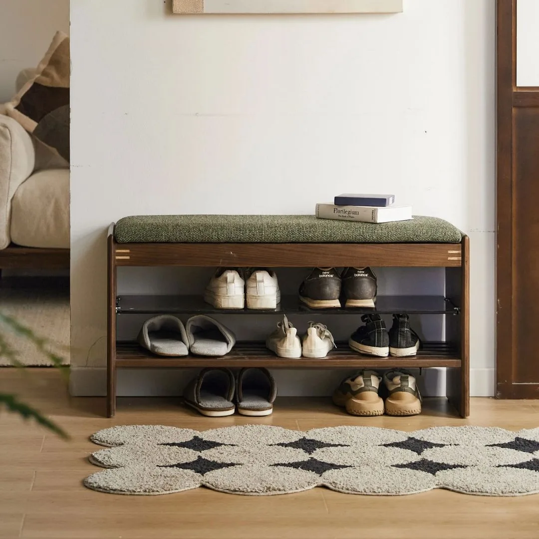 Walnut timber shoe storage seat with green cushion