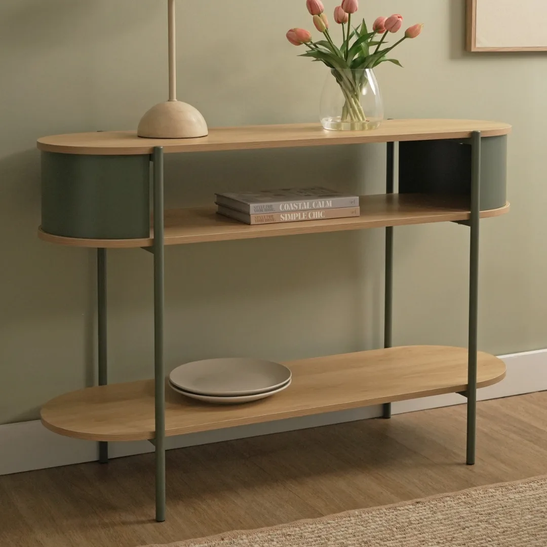 Green and light timber modern coffee table with curved edges, long oval shape and lower shelf for shoe storage