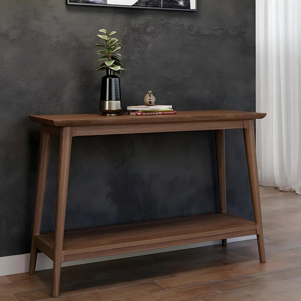 Dark timber console table with splayed legs and lower shelf for storage
