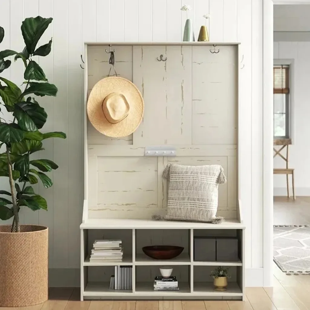 White shabby chic timber tall hallway stand with hooks and shelves for shoes