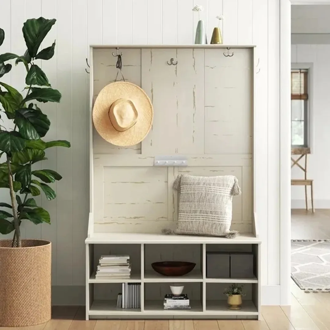 White shabby chic timber tall hallway stand with hooks and shelves for shoes