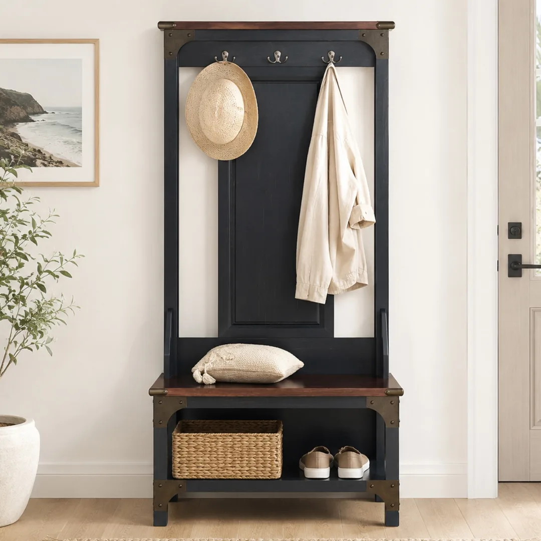 A black and timber hall stand with hooks for hats and coats, and a shelf underneath with a woven basket and shoes