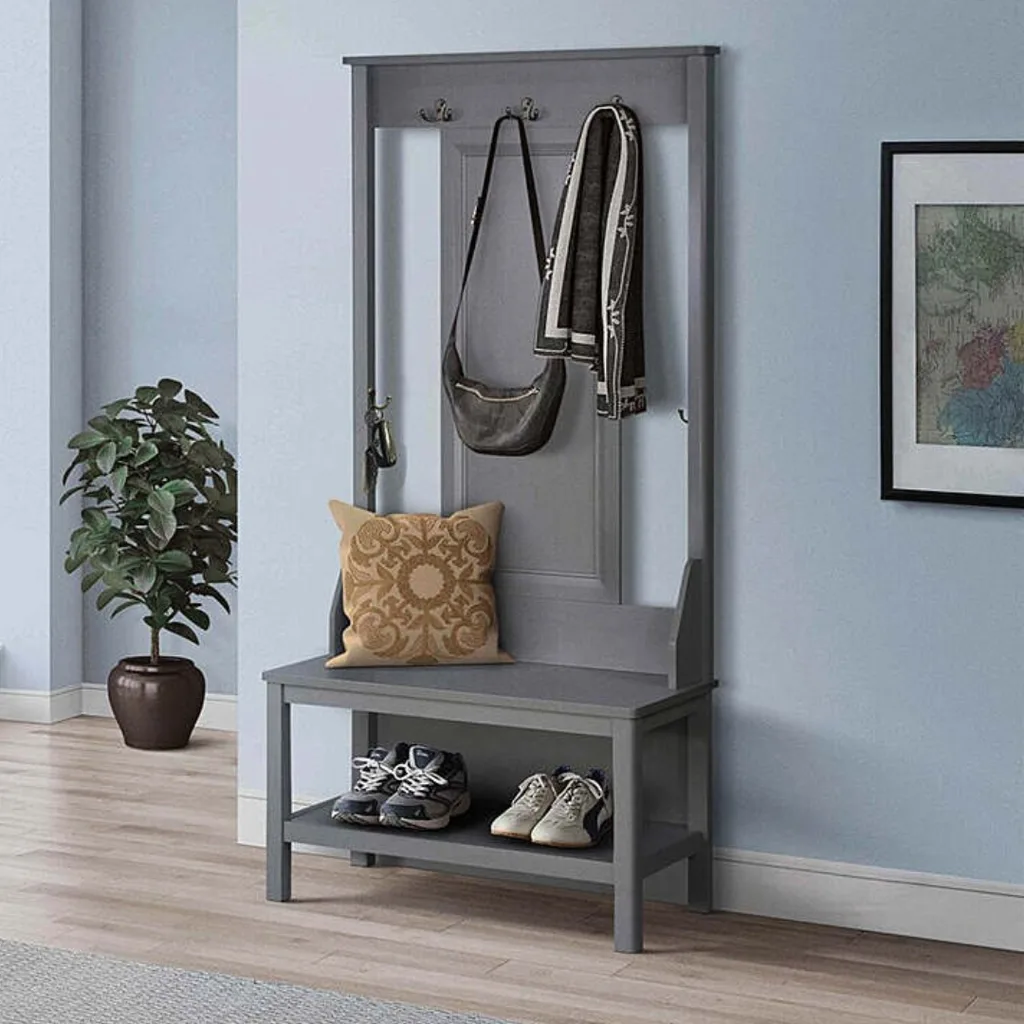Grey hall stand with bench seat and clothing hooks, and a single shelf for shoes