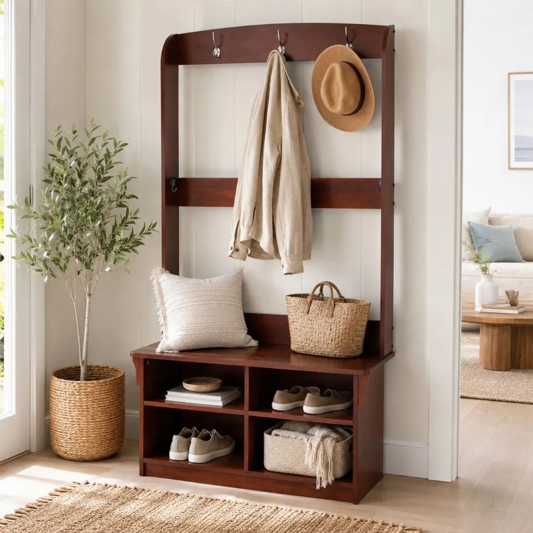 Mid-brown timber hall stand with bench seat, shelves with shoes, and hooks for coats