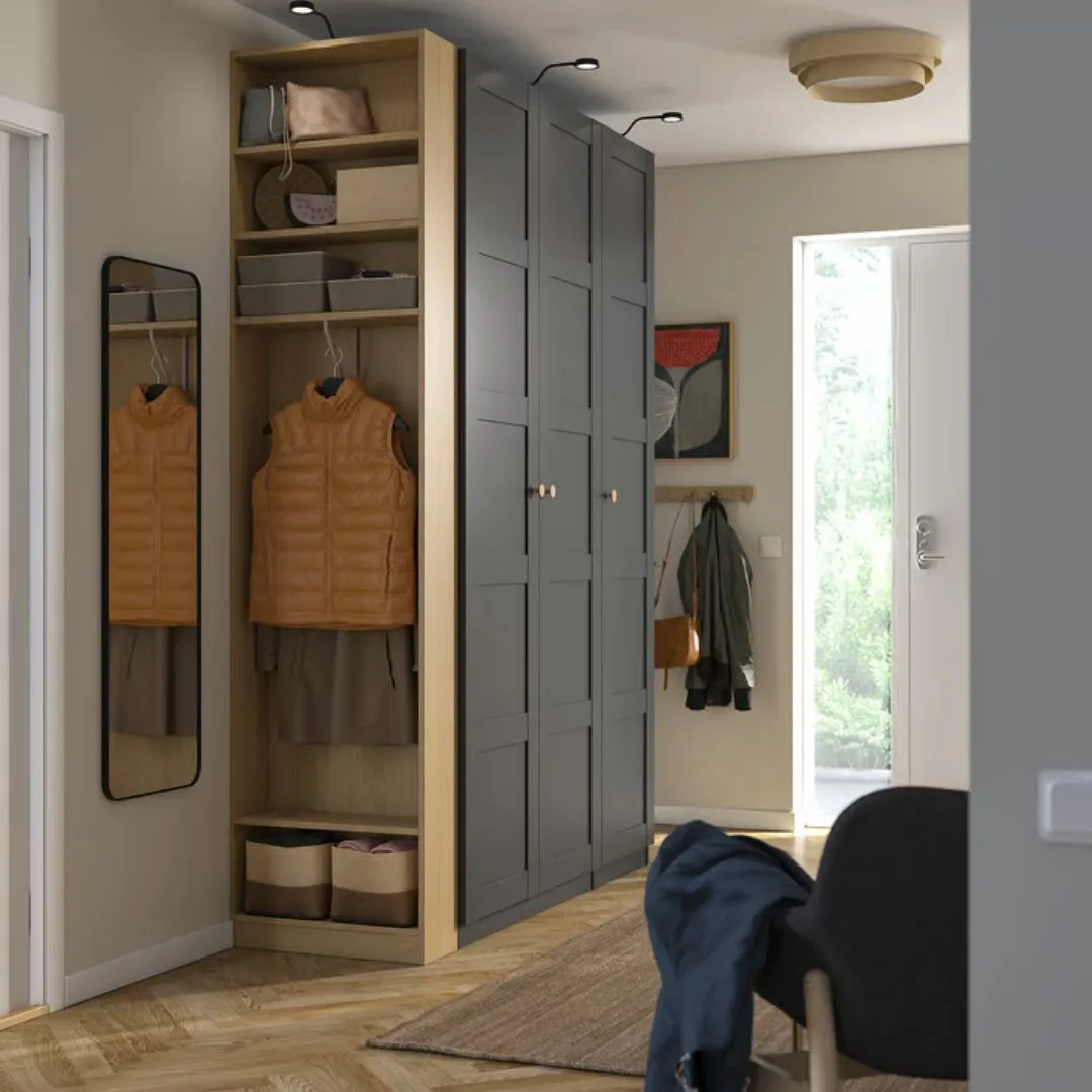 Ikea entryway storage closet in dark grey and oak