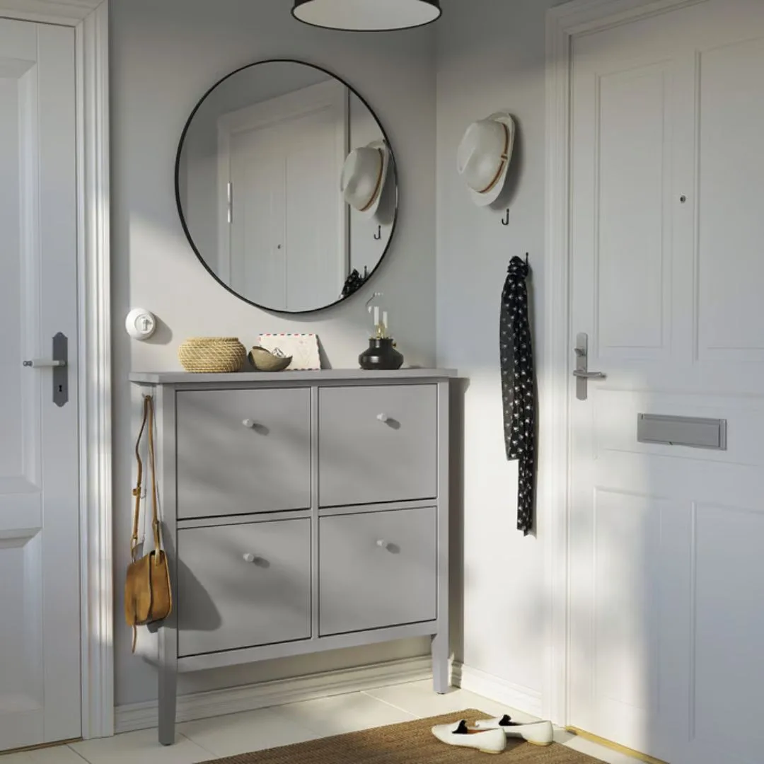 Ikea grey fold out shoe cabinets wall mounted in grey entryway