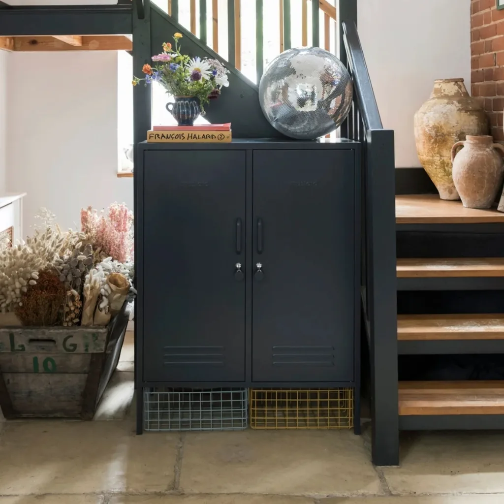 Dark slate grey blue locker cabinet shoe storage
