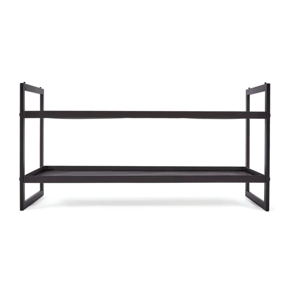 Black metal shoe rack with two tiers
