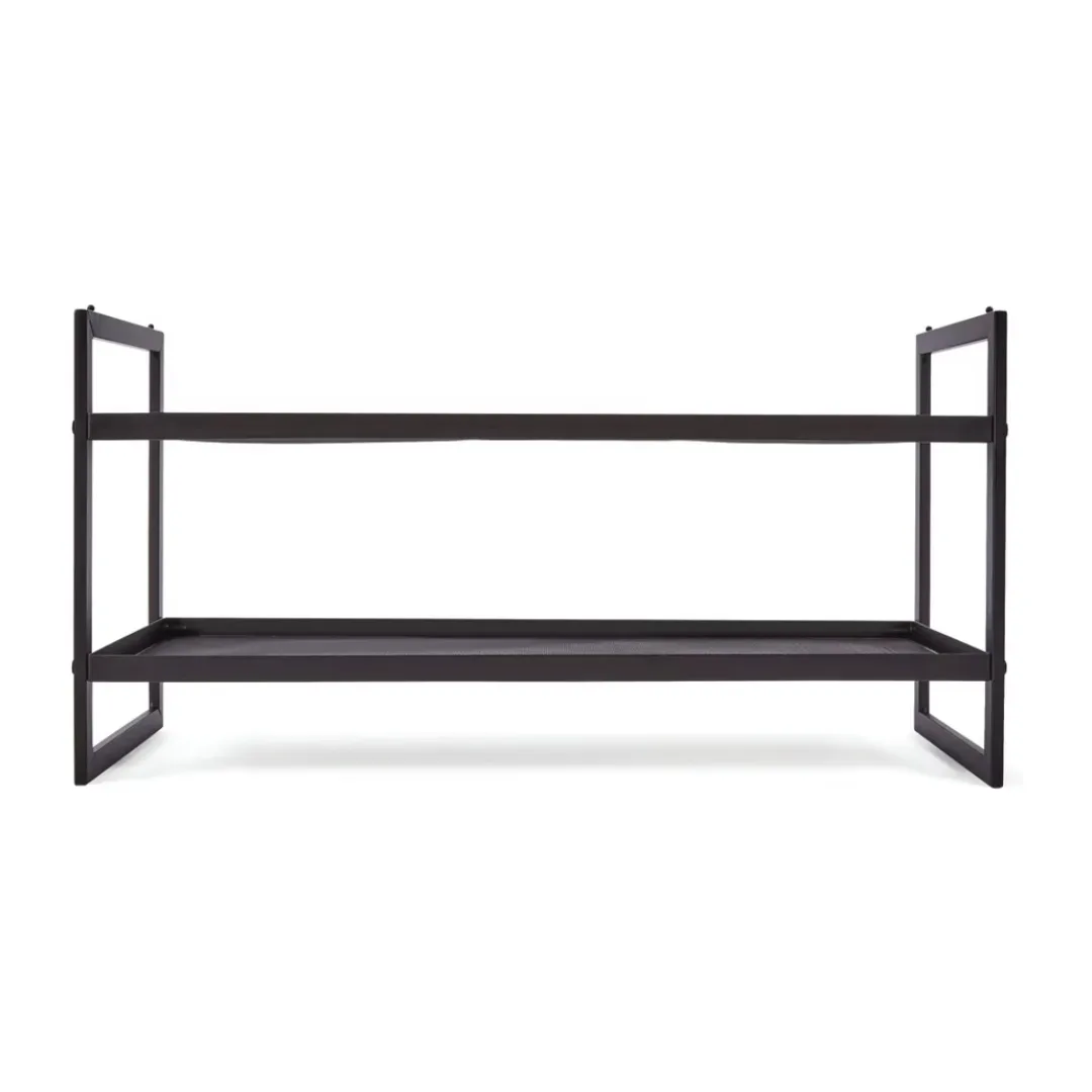 Black metal shoe rack with two tiers