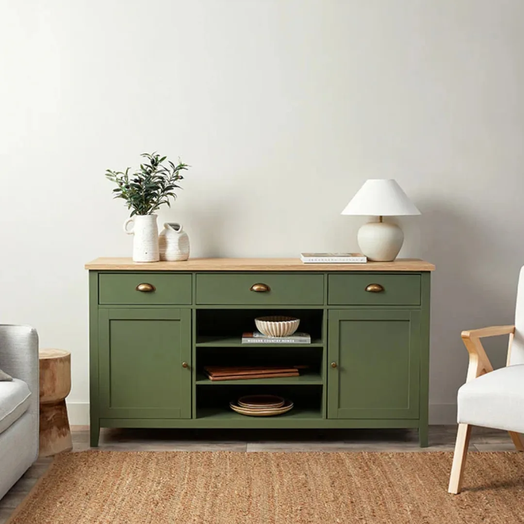An olive green timber sideboard buffet with cabinet and drawer storage
