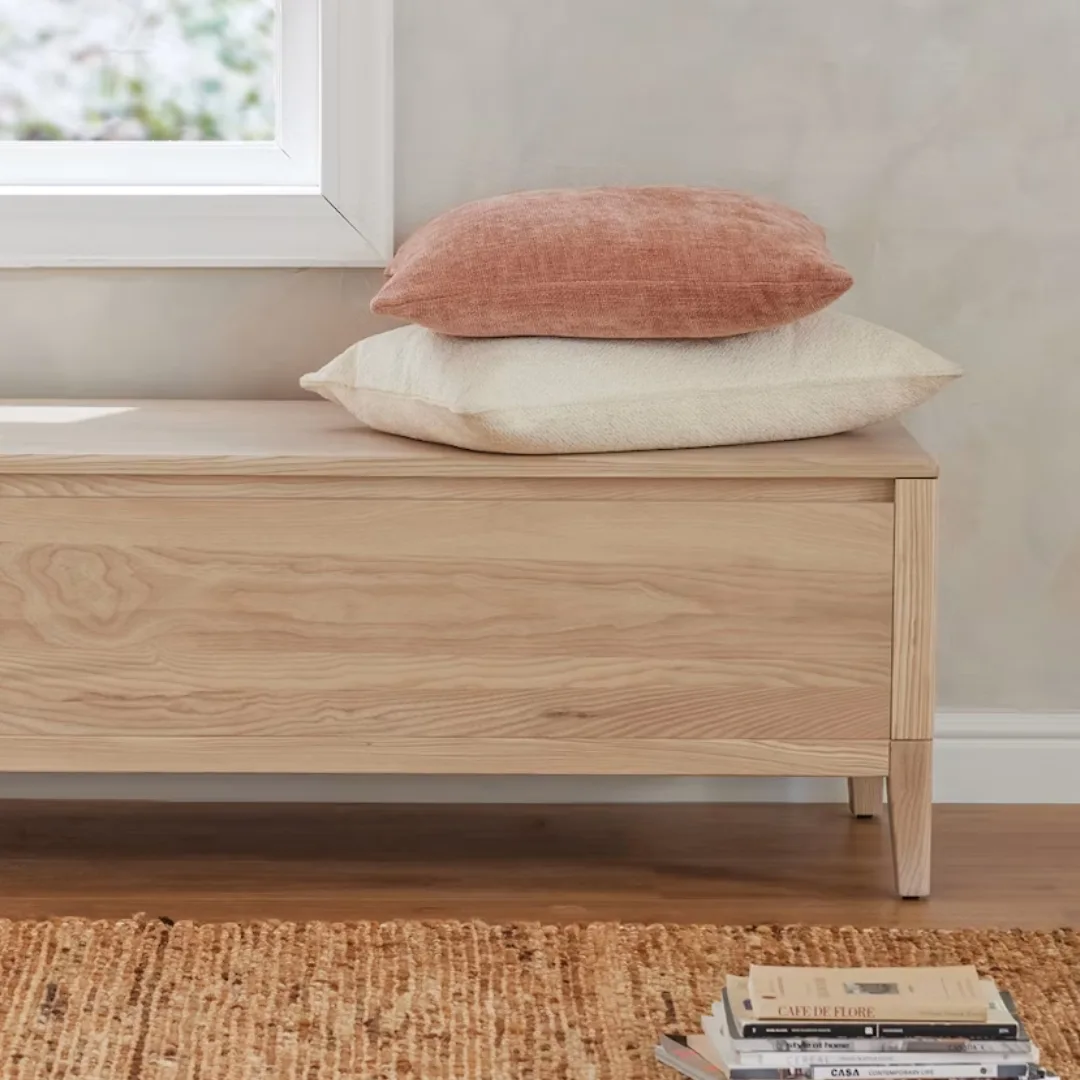 Light timber low height shoe storage chest 