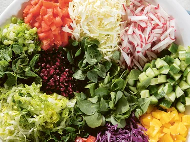 An aerial view of a large white bowl filled with colourful fattoush salad ingredients in different piles