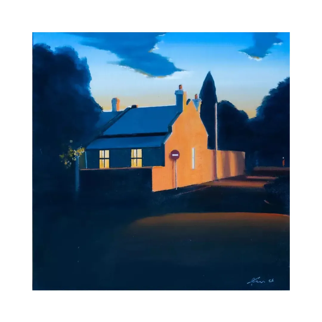 A painting of an Australian Home titled 'Still Evening,' by Nigel Bailey, rendered in vibrant shades of orange and blue to create a chiaroscuro effect similar to that of Edward Hopper