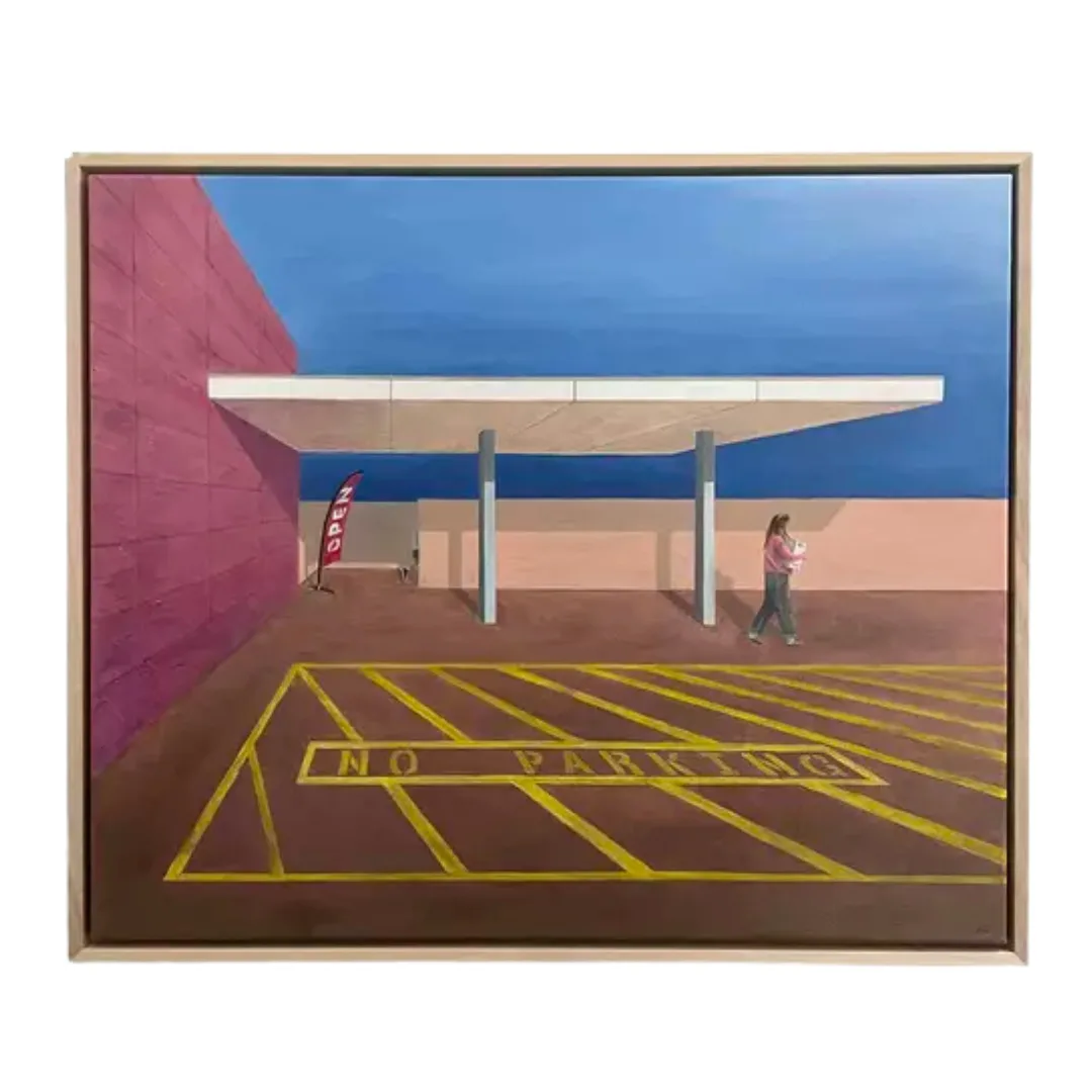 A painting depicting what looks to be a parking lot with a woman walking towards the right side of the frame. In the foreground, yellow lines are painted on the ground, reading 'No Parking'